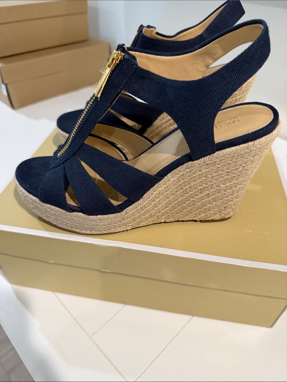 Michael Kors Navy Canvas Espadrille Wedge Sandals with Gold Zip - Picture 2 of 3